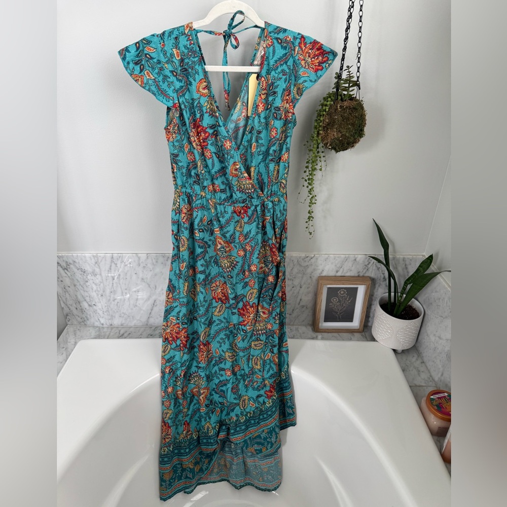 Teal Flutter sleeve Tie Front Sundress